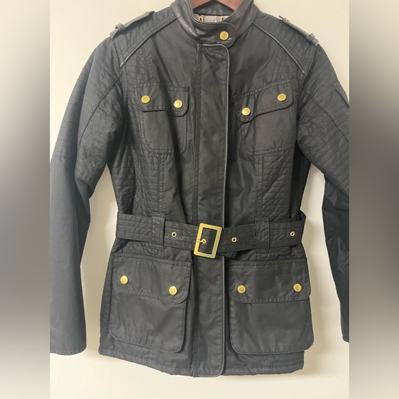 Authentic Barbour Belted Waxed Jacket - Black - Leather Trim Sz US 8 UK 12 - Picture 3 of 14